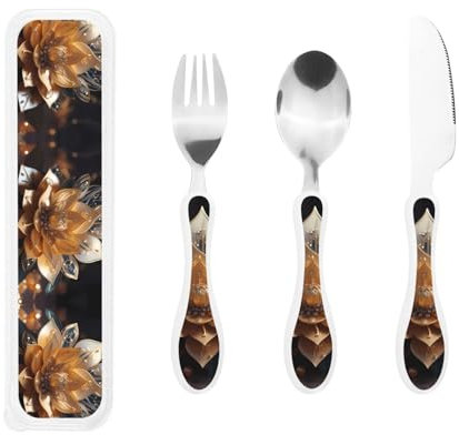 Coltello da bistecca, forchetta e cucchiaio da tavola occidentale con fiore di loto bianco delicato, set da 3 pezzi in acciaio inossidabile 304 e plastica PP, design per bambini