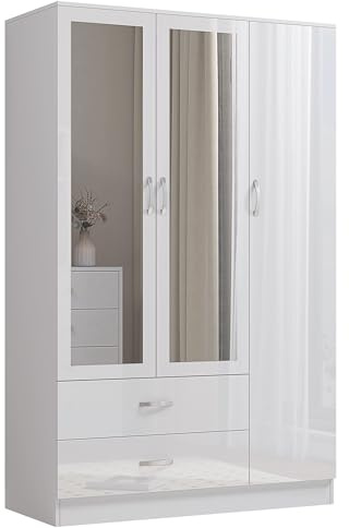 Nera 3 Door Wardrobe with Mirror Shelves and Hanging Rail Tall Wardrobes for Bedrooms Storage (Gloss White (Matt White))