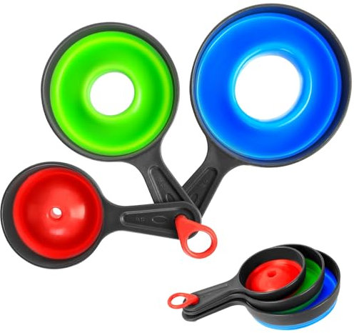 Auktransceler Juego de 3 Embudos Plegables para Cocina - Boca Ancha y Estrecha, Plástico Alimentario Sin BPA - Antigoteo, Compactos (Aceite, Mermelada, Líquidos) - Incluye Gancho, Ahorro de espacio.