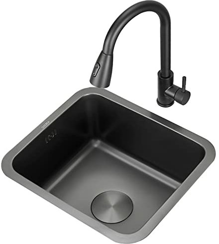 Lavabo da incasso nero con rubinetto estraibile e accessori completi, piccolo lavello cucina