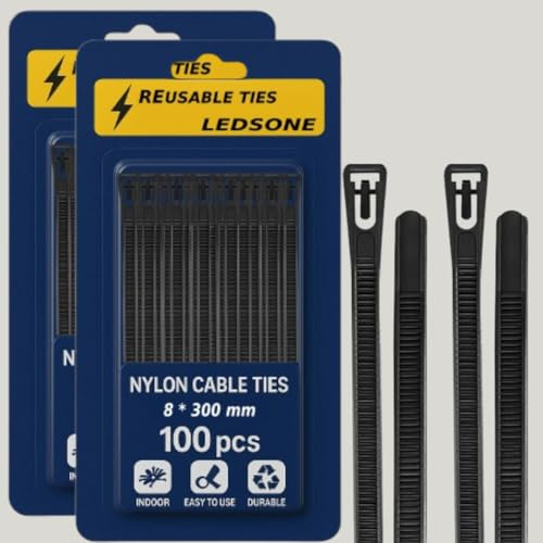 200 Pack Reusable Cable Ties Black 300mm Heavy Duty Strong Nylon Large Zip Ties Releasable Plastic Thick Tie Wraps (Black 300 x 8 mm)