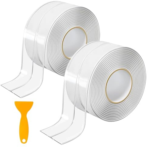 FLOWERUN 2 Rollos Cinta de Sellado Autoadhesiva, Banda Transparente Impermeable Antimoho para Lavabo Bañera Ducha WC y Fregadero, Sellado de Juntas y Esquinas, Corte Fácil (Plegado Simple)