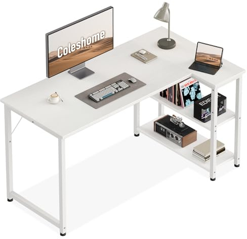 Coleshome Kleiner Gaming Tisch mit Regal, 120×70 cm, Weiß | Kleiner Schreibtisch, Eckschreibtisch, L-Förmig, Reversibel, Platzsparend, einfache Montage, für Kleine Räume & Schlafzimmer