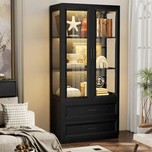 BROTTAR Display Cabinets with 2 Drawers and 3 Color LED Lights, 67 Display Case with Magnetic Lock, Curio Cabinet&Bookcase for Collectibles, Books, Kitchen Cabinets for Living Room Kitchen, Black