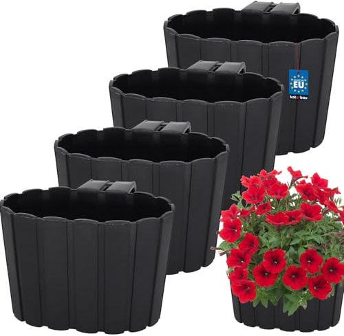 KOTARBAU® Blumenkasten für Balkon 20x14x13 cm, Balkonkasten mit Halterung | Blumenkasten für Balkongeländer, Balkon Pflanzkasten oval, Balkon Deko, Balkonkästen aus Kunststoff, Anthrazit, 4er Set