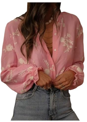 GORGLITTER Women's Boho Peasant Tops Floral Embroidered Sheer Bishop Long Sleeve Blouses Button Up Shirt Dressy Casual Pink Large