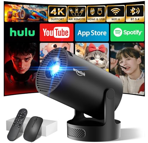 [Built-in Apps & 2026 Upgraded] Mini Projector with WiFi 6 and Bluetooth 5.4 Support 4K 1080P Auto Keystone 180° Rotatable Projector Portable Compatibile with HDMI/TV Stick/Memory Stick/Laptop, Dark