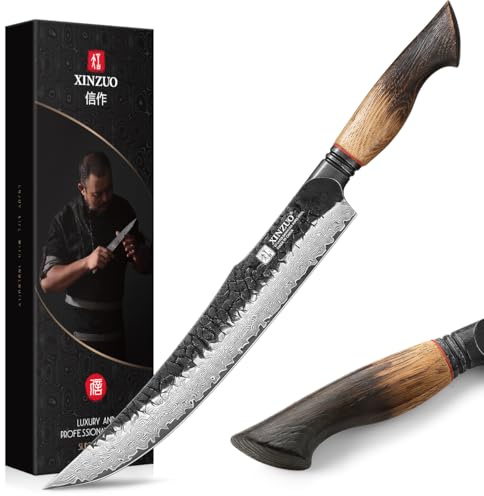 XINZUO 10 Inch Brisket Carving Knife，67-Layer Damascus Steel，Razor Sharp Curved Butcher Breaking Knives For Meat Cutting With White Oak + Red G10 Gasket Handle