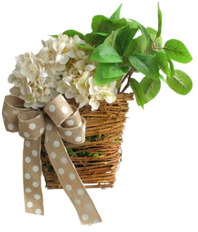 Osmond 1 PCS Cream Hydrangea Door Hanger Basket Wreath, Wildflowers Door Hanging Basket Wreath, As Shown Front Door Summer Wreath Welcome Sign