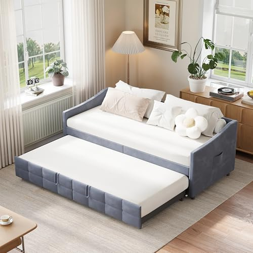 Aneutr Schlafsofa, ausziehbar, 2-Sitzer, 90/180 x 200 cm, gepolstertes Schlafsofa mit Lattenrost, ausziehbar, Veloursstoff (ohne Matratze) (Grau B)