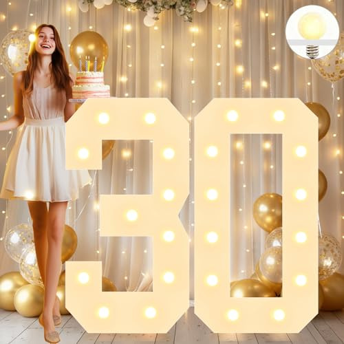 Vimlits Large 4FT Light Up Numbers Birthday Decoration, White Marquee Number Sign for 30th Party Anniversary Backdrop Wedding Big Mosaic Number Frame Foam Cardboard Pre-cut Number 30