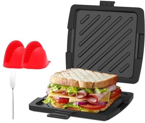 Appareil à croque-monsieur avec revêtement antiadhésif - Passe au micro-ondes - Avec couteau à beurre et pince manuelle - Pour sandwichs, mini pizzas, saucisses, omelettes (combinaison noire)