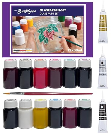 Bastelzone Glasfarbe 12x30 ml mit Pinsel & Konturen für Erwachsene | Transparente Glasmalfarben auf Wasserbasis für dekorative Gestaltung