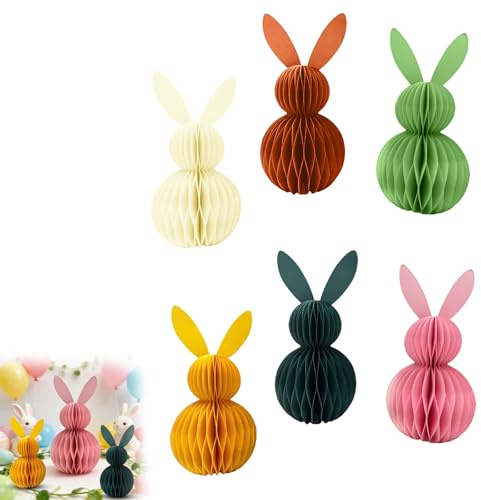 Papier Osterhase Set,6 Stück - Faltbarer Osterhase aus Papier Honeycomb Waben Hase zum Hinstellen Wabenball Osterdeko (A)