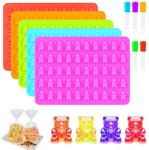 5er Set Silikon Gummibärchen Formen, BPA-frei Silikonform Schokoladenformen mit 5 Tropfern(5ML), Bärenform Backform für Gummibärchen Schokolade Gelee Bonbons