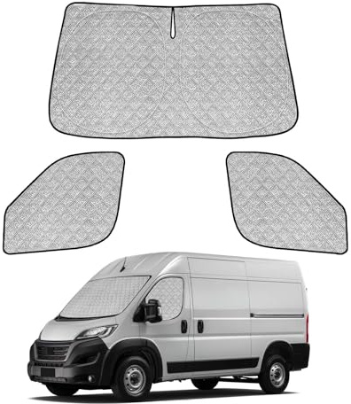 3er Set Auto Sonnenschutz für FIAT Ducato X250/X290 Wohnmobile, Peugeot Boxer, Citroen Jumper | Frontscheibe faltbar & magnetische Seitenscheiben | Thermomatte Verdunkelung & Hitzeschutz