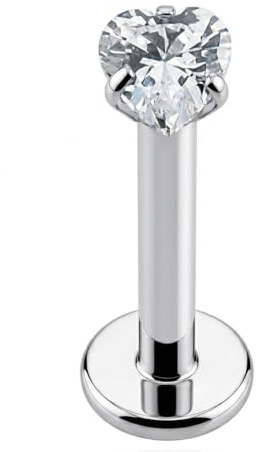 Piercing a barra per labbro e trago a forma di cuore con zirconia cubica, filettatura interna, calibro 16, in acciaio chirurgico 316L. e Acciaio inossidabile, cod. REZ-MP-766-10MM