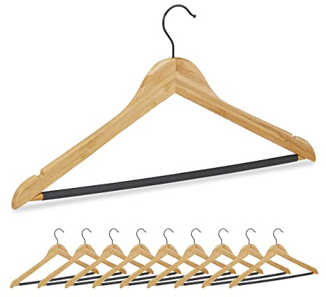 Relaxdays Bamboo Coat Hanger Set of 10 10er Set Kleiderbügel Bambus, Garderobenbügel, Kerben & Steg, rutschfest, 360° drehbarer Haken, Natur/schwarz, Eisen Polyvinylchlorid (PVC), 10 Stück