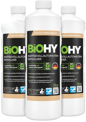 BiOHY Descalcificador de cafetera (3 botellas de 1 litro) | Ideal para descalcificar todas las cafeteras y máquinas de espresso | Apto para todas las marcas conocidas (Kaffee Entkalker)