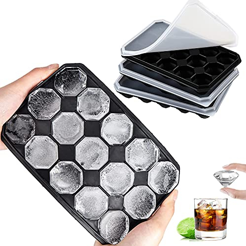 LessMo 3 piezas Moldes y Bandejas para Hielo, Bandejas para Cubitos de Hielo de Diamante de Silicona con Tapa Extraíble Resistente a Derrames, Ideal para Whisky, Cócteles y Vino, Apilable y Sin BPA