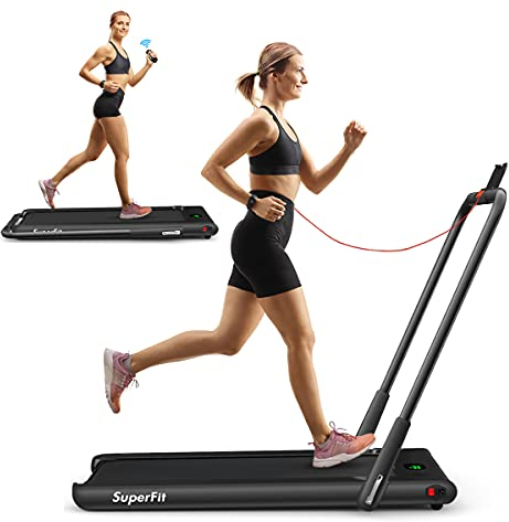 RELAX4LIFE Elektrisch Laufband 2-in-1, einstellbares Tempo bis 12 km/h/Zwei Modi/ 560W/ LED-Anzeige/Fernbedienung/Bluetooth/App/Handyhalter/Faltfunktion/ 2 Räder, bis 120 kg belastbar (Schwarz)