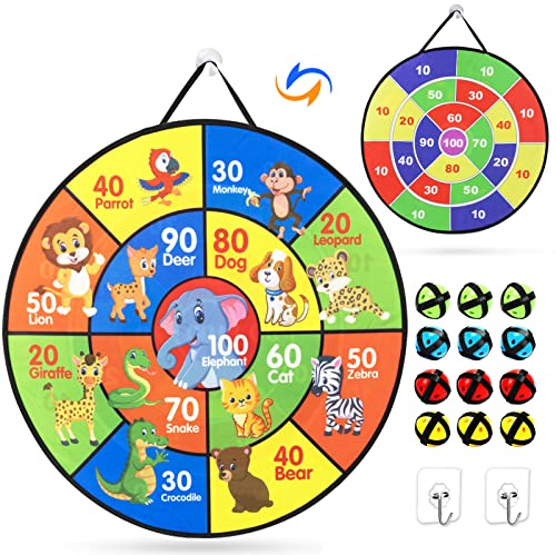 Kinder Klett Dartscheibe, Faltbares Doppelseitiges Spielzeug Dartscheibe mit Tier Motiven und Zahlen inkl. 12 Klebrigen Bällen, Dart Wurf Spiel Scheibe für Groß und Klein Jungen Mädchen, 66cm