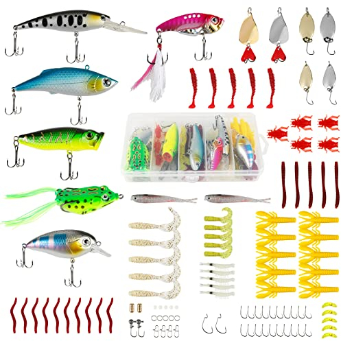 XiYee 109Pcs Angeln Köder Set mit Angelkasten Einschließlich Wobbler Spinnerbaits Angellöffel Topwater Frosch Swimbaits Gummiwürmer Vorrichtungen Angelhaken