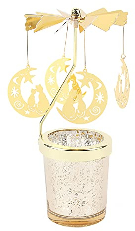 Mond Katze Karussell Kerzenhalter drehbar Teelichthalter Gold Teelicht Karussell Glas Teelichthalter Engel Schmetterling Drehbare Kerzenständer Teelichtkarussel Metall Kerzenständer, Höhe17.5cm