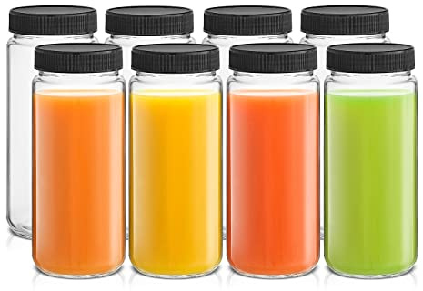 JoyJolt Glass Juice Bottles, 16 oz Glass Bottles with Caps. Set of 8 Juice Containers with Lids for Fridge, and Labels for Juice Jars. Glasses for Juice, Cold Brew Bottles, Smoothie Jars