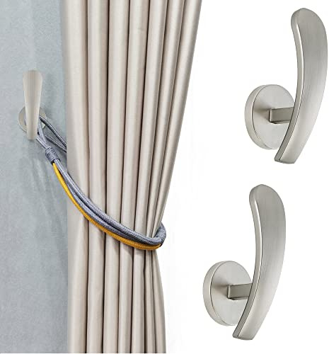 HEMOUR Vorhanghalter, 2 Stück Wandbefestigung, Raffhalter mit Schrauben, dekorativer Vorhang-Metallhaken, Wandaufhänger, Silber | Dekorativer Vorhang-Wandhaken aus Metall