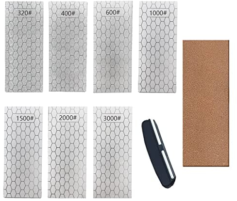 Diamond Sharpening Stone, Knife Sharpener Stone Whetstone Honeycomb Surface Plate with Non-slip Base for Pocket Knives Scissors (320/400/600/1000/1500/2000/3000 Grit，with Angle Guide and Leather)