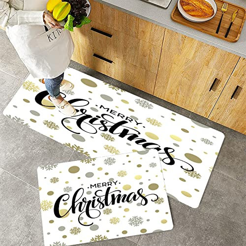 Küchenteppich Teppich Läufer Küchenläufer 2 Stück rutschfest,Weihnachten, Frohe Weihnachten stilisierte Schrift auf abstrakte moderne Schneeflocke Punk, Waschbar für Flur Küche 40 x 100 cm+40 x 60 cm