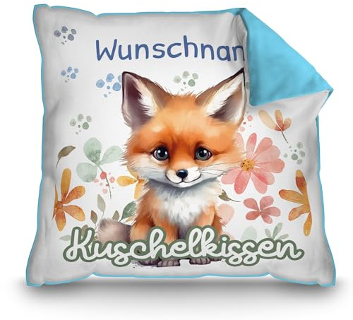 Print Royal PR Personalisiertes Kuschel-Kissen für Kinder mit Füllung - mit Name selbst gestalten - Fuchs Kissen für Mädchen und Jungs, Kinderkissen mit Name | 40 x 40 cm, Rückseite Hellblau