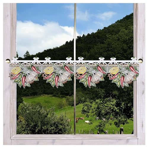 Feenhaus-Scheibengardine Gemüsegarten aus Echter Plauener Spitze Landhaus Küchengardine mit Früchten und Gewürzen 19 x 55 cm