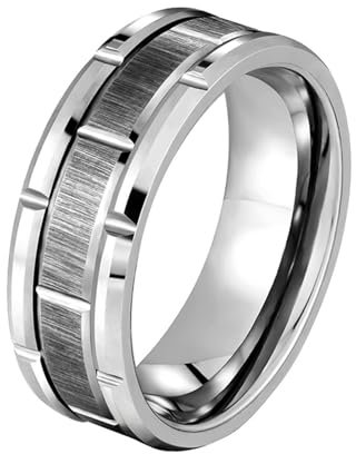 Bishilin Wolfram Ring Personalisiert, Damen Herren Ringe 8MM Matt Gemustert Bandring Ring Größe 47 (15.0), Freundschaftsringe Paar Ring Hochzeit Silber