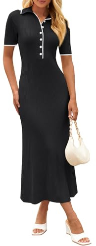 MEROKEETY Women's Spring Summer Ribbed Maxi Dress 2026 Bodycon V Neck Button Short Sleeve Slim Fit Knit Sweater Dresses, Black, Small