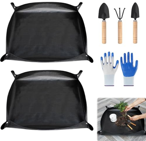 Idota Gartenmatte Pflanzmatte 2Pcs 100x100cm Pflanzen Gartenmatte Schwarz | Wasserdicht Umtopfen mit Gartenwerkzeug Faltbare Pflanzunterlage für Umtopf Sukkulenten Innenberei Garten (Schwarz)