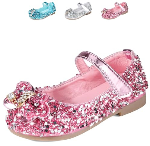 Chaussures de princesse Mary Jane à paillettes pour filles - Sandales plates à paillettes pour fête, mariage, anniversaire, costumade - Pour enfants de 3 à 7 ans, Rose avec nœud, 22 EU