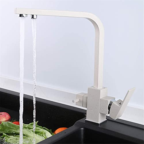 Küchenarmaturen, quadratischer Stil, Trinkwasserfilter-Wasserhähne, Spülbecken-Mischbatterie, 360-Grad-Drehgelenk, Doppelgriff, Deckmontage, gefilterter Kran for die Küche, 3-Wege(Color:Beige)