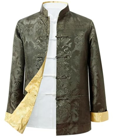 Tang Suit Men Can be Worn on Both Sides,Hanfu Chinese Traditional Clothes Long Sleeve Top (Green and gold, S)