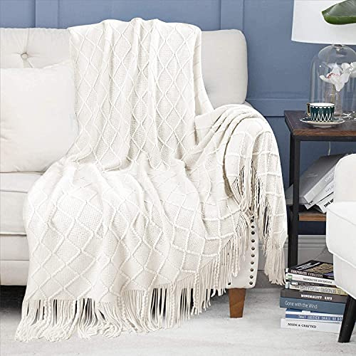 Blausky 1 Stück Kuscheldecke,Quaste Decke,Sofaüberwurf,Sofadecke,Stricken Sofa überwurfdecke,Schlafdecke,Tagesdecke,Couchdecke mit Fransen,Mehrzweck-Tagesdecke,Couch Blanket,Off-White,130x230cm