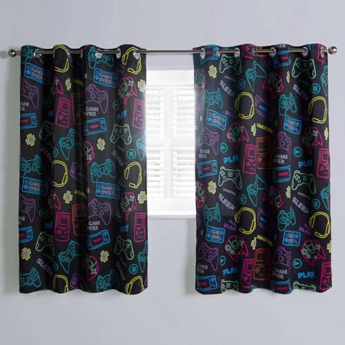 OHS Gaming Curtains for Boys Bedroom, Blackout Eyelet Curtains Energy Saving Home Accessories Kids Curtain Decorative Two Panels - Black, 66 x 54