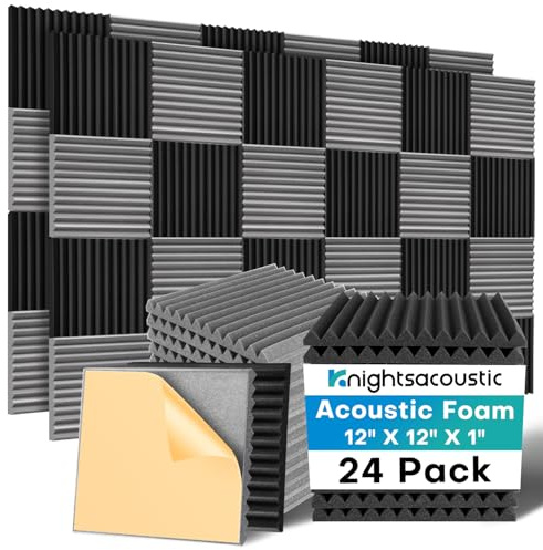 Knightsacoustic 24 Pack Sound Proof Foam Panels with Self Adhesive, 12x12x1 Fire Resistant Acoustic Foam Panels, High Density Acoustic Panels Sound Absorbing, Studio Noise Cancelling Black & Grey