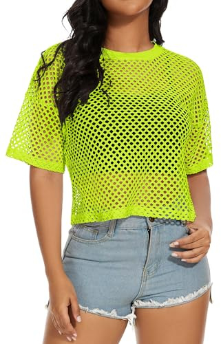 florynova Womens Fishnet Mesh Tops Summer See Through T Shirt Short Sleeve Sheer Blouse(Neon Green,L)