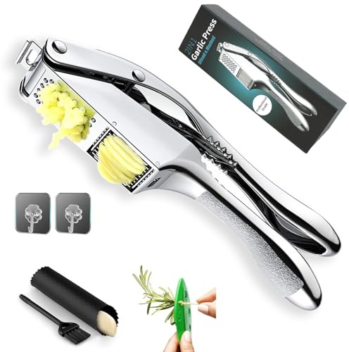 SAYLVME Garlic Press and Slicer 3 In 1, Food Grade Stainless Steel Garlic Mincer Chopper Crusher Garlic Press Kitchen Tool with Garlic Peeler Skin Remover and Clean Brush
