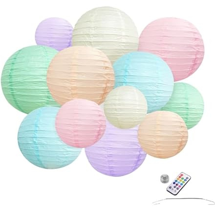 10 x Papier Lampions - Pastell Mix - Inkl. LED mit Fernbedienung - Inkl. Haken - Cremeweiß, Mintgrün, Hellblau, Pfirsich, Hellrosa, Hellviolett - für Drinnen