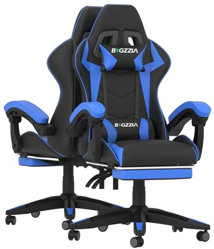 Ergonomic Gaming Chair with Footrest for Adults (With Footrest, Blue) | Ergonomic,Height Adjustable,Reclining,Headrest,Lumbar Support,Armrests,360°-Swive,PU Leather