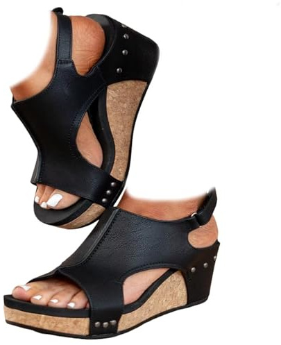Whimsyard Sandali da donna ortopedici con zeppa in pelle con zeppa larga, sandali con zeppa da donna con fibbia a punta aperta