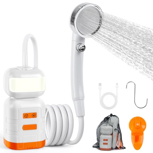 kswiown Tragbare Dusche für Camping, 8000mAh wiederaufladbare Camping-Duschpumpe mit LED-Licht, 4 Sprühmodi, IPX7 wasserdichtes Outdoor-Dusch-Set für Wandern (weiß)