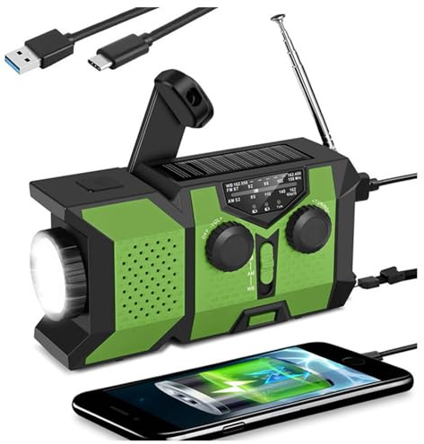 Radio Solar De Emergencia con Manivela, Radio Solar Y Recargable portátil Am/FM/NOAA - meteorológica de Carga de 3 vías SOS de manivela Banco energía con Linterna para Viajes (Verde)